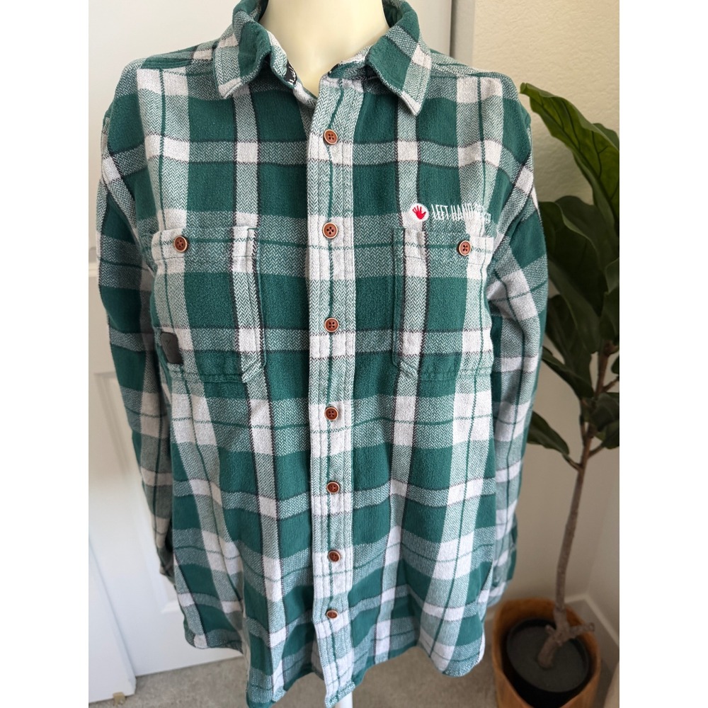KAVU Mens Flannel Shirt L Green Plaid Left Hand Brewing Co Herringbone Cotton